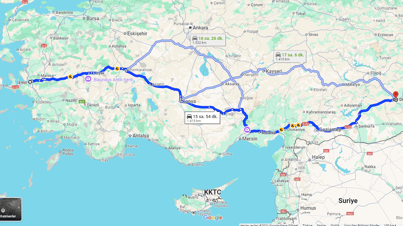 İzmir Diyarbakır Arası Kaç KM Kaç Saat, Nasıl Gidilir, Yol Tarifi, Harita?
