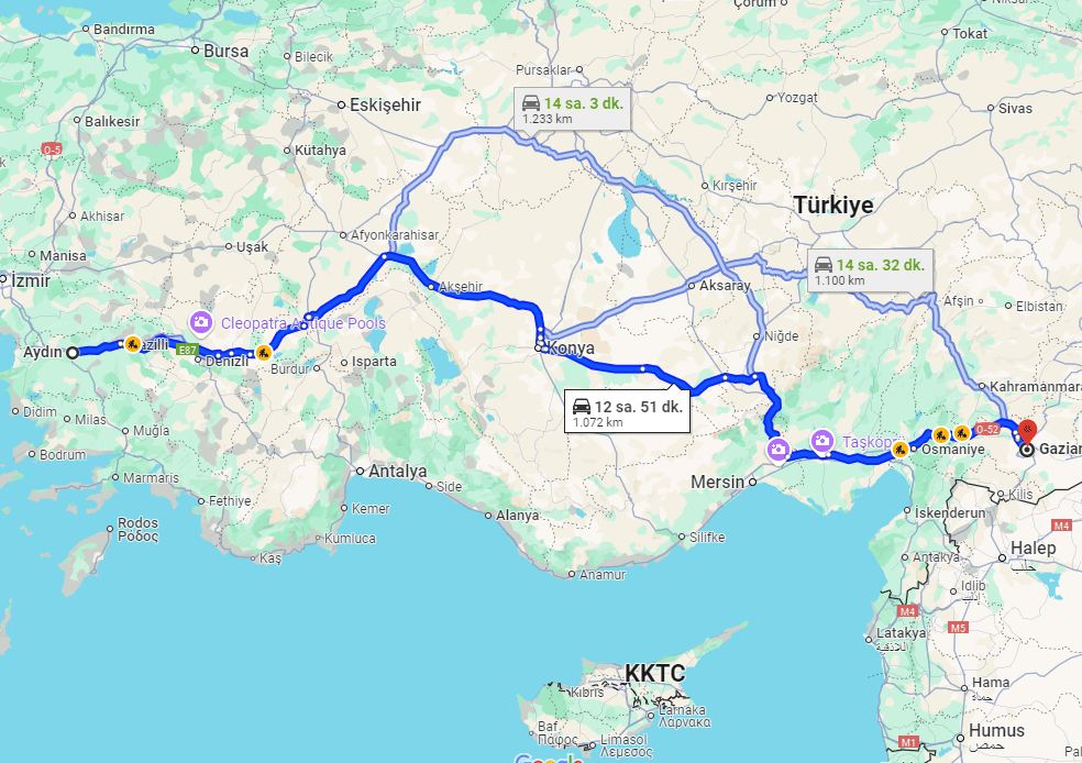 Aydın Gaziantep arası Kaç Km, Kaç Saat, Nasıl gidilir?