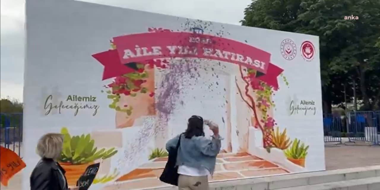 Halkevci Kadınlar, Ankara'da 'Aile Yılı Hatırası' panosuna mor boya attı