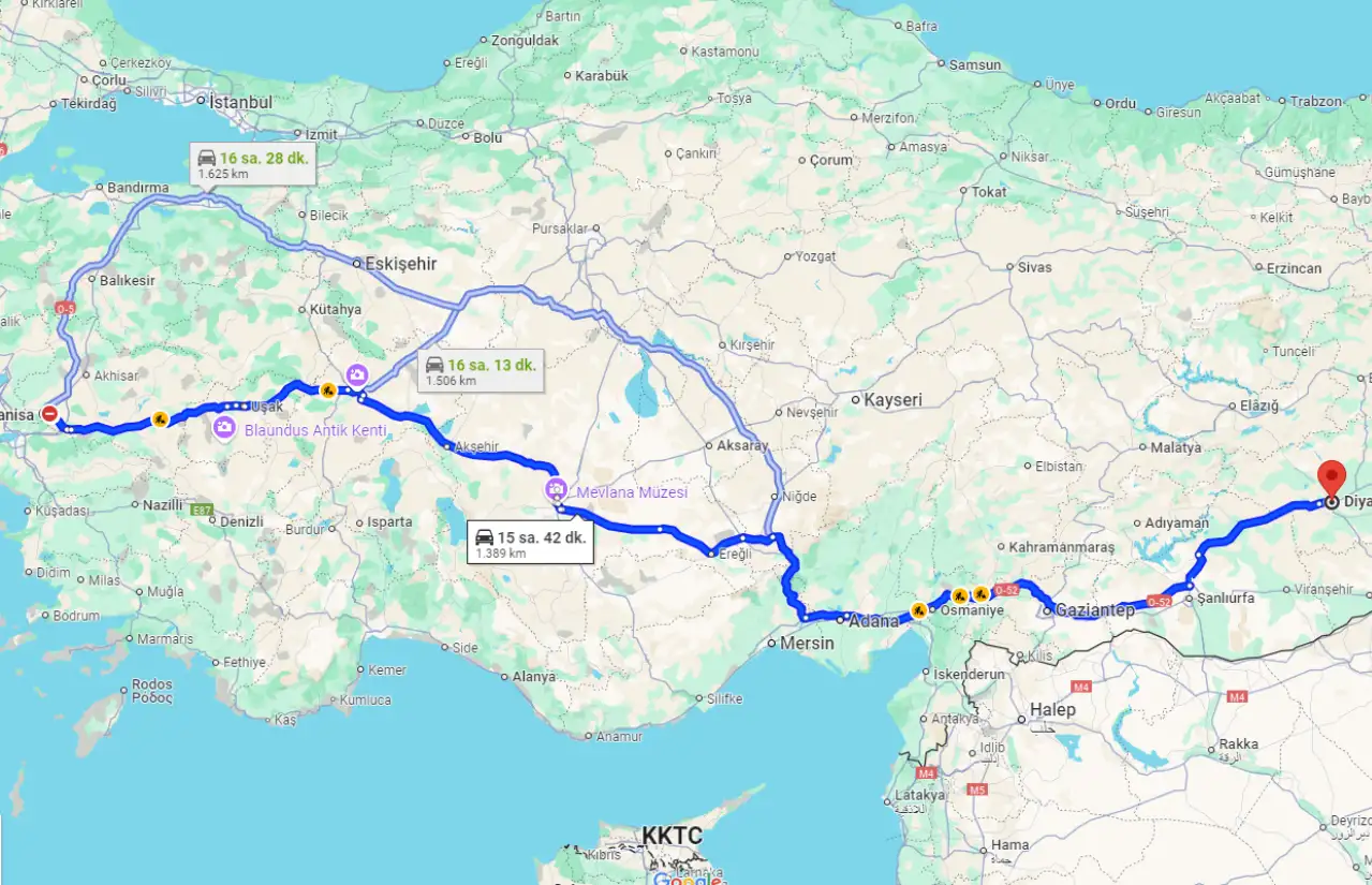 Manisa Diyarbakır Arası Kaç KM, Kaç Saat, Nasıl Gidilir, Yol Tarifi, Harita?